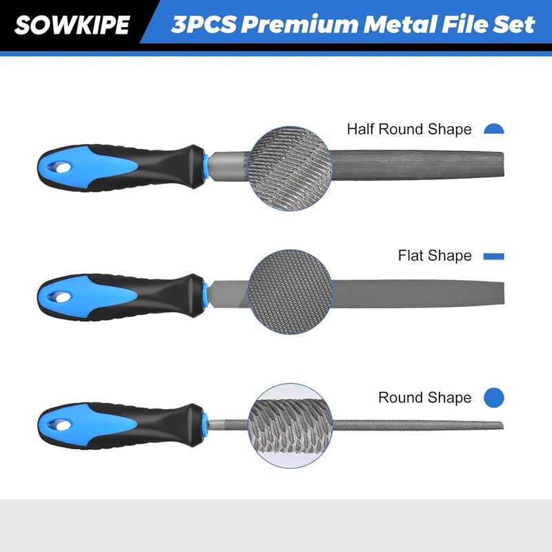 SOWKIPE 3-Piece Metal File Set, Premium High-Carbon Steel Files, 8 Inches, Includes Flat, Round, and Half-Round, Perfect for Metal, Wood, and More - Image 3